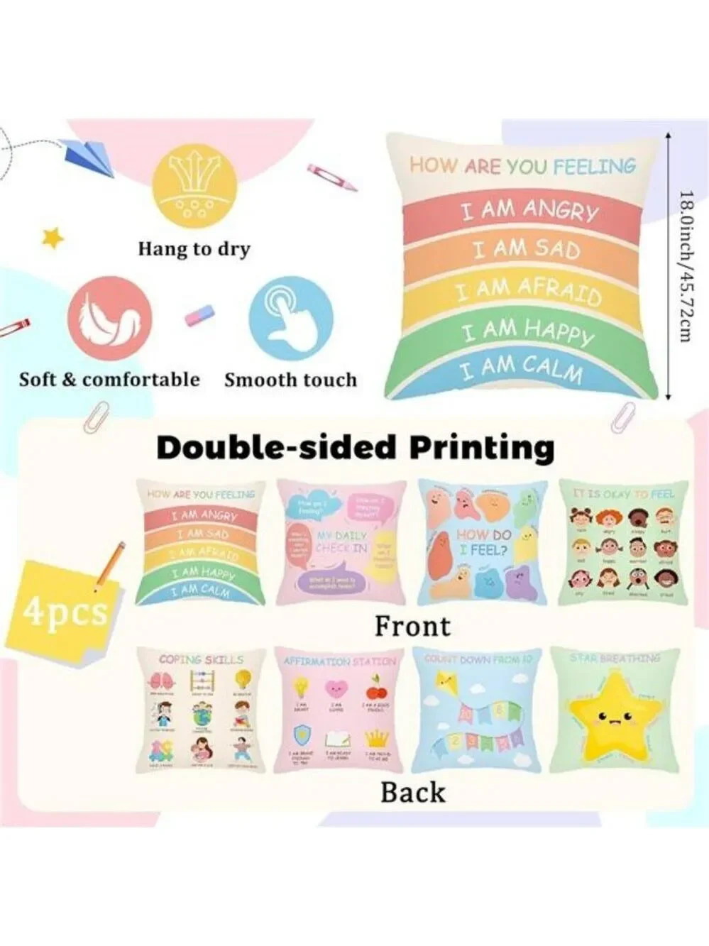 Calming Corner Pillow Covers Set of 4 Kids Room Classroom Counseling Decor Cushi